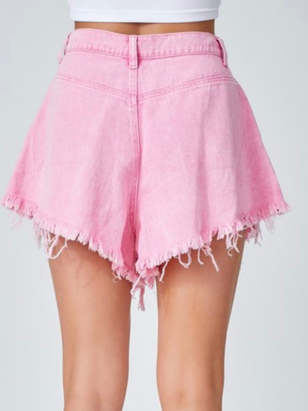 Washed Pink Frayed Denim Shorts