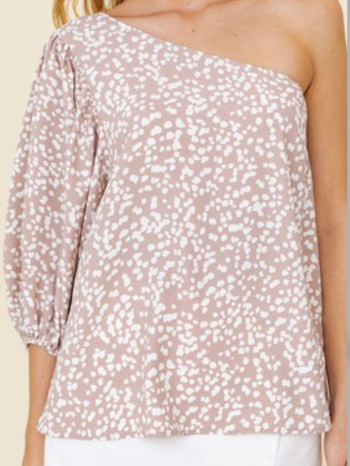 Taupe Print One Shoulder Balloon Sleeve TOp