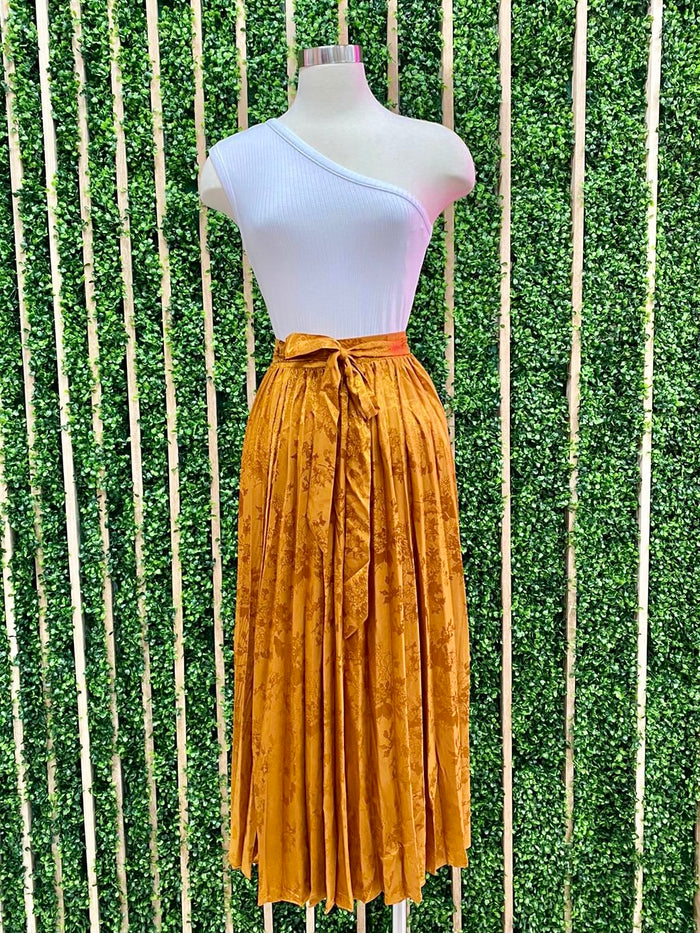 Rust Print Pleated Midi Skirt