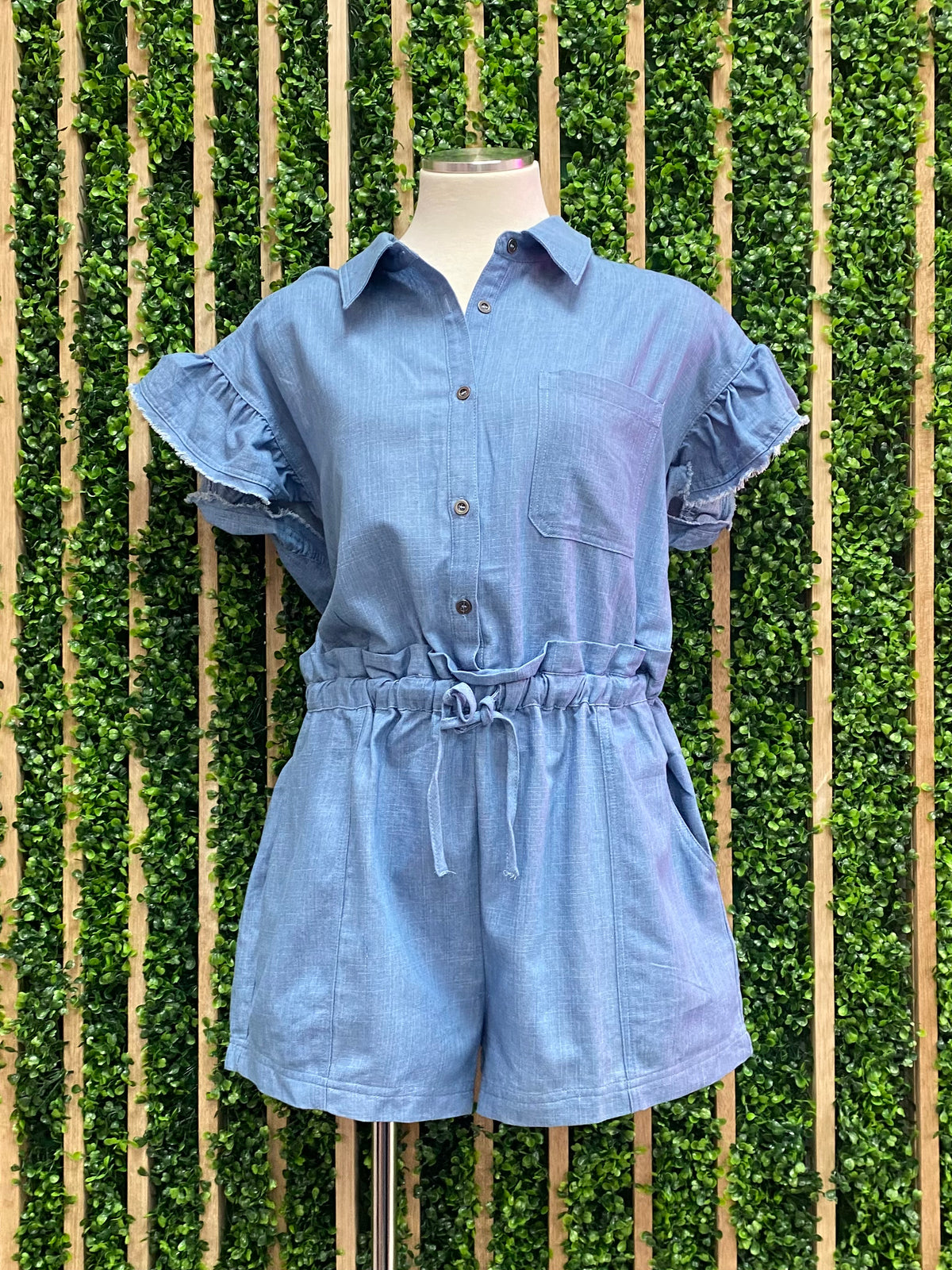 Ruffled Sleeve Paperbag Denim Romper