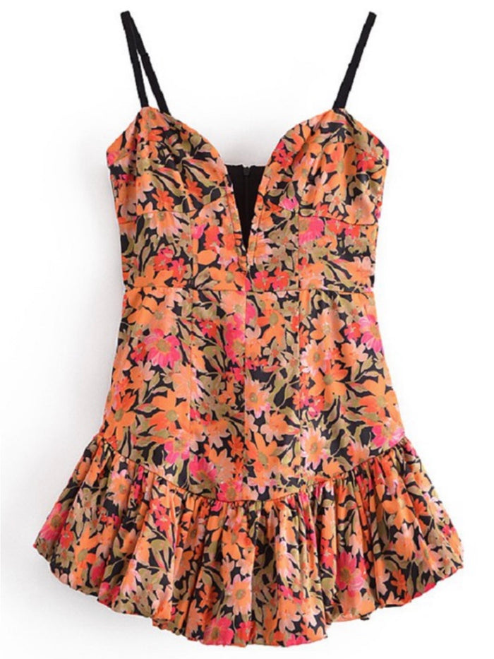 Orange Floral Corset Mini Dress