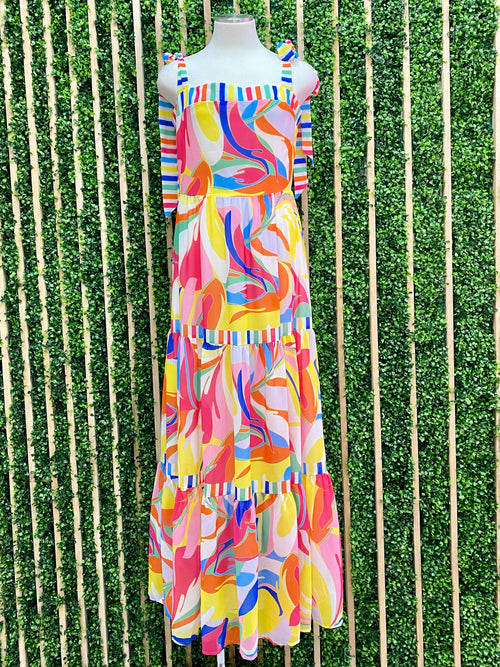 Abstract Colorful Print Square Neck Maxi