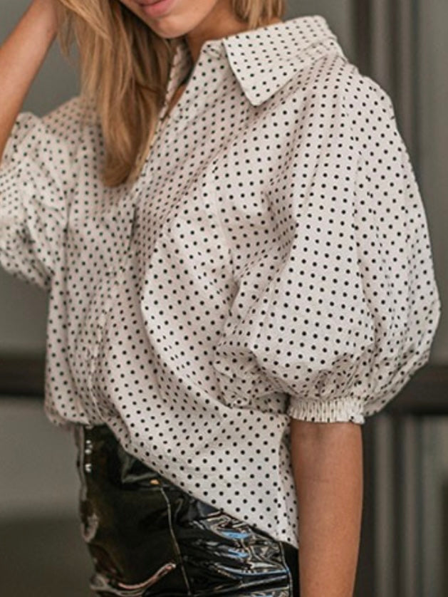 White Polka Dot Puff Sleeve Blouse