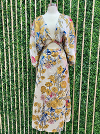 Gold Floral Cutout Kimono Midi Dress
