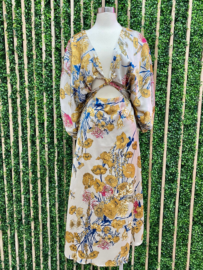 Gold Floral Cutout Kimono Midi Dress