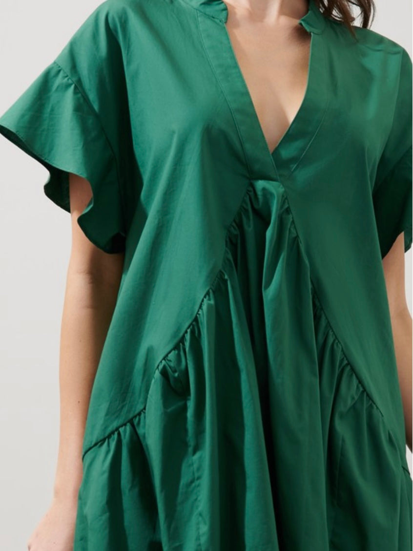Emerald V Neck Tiered Short Dress
