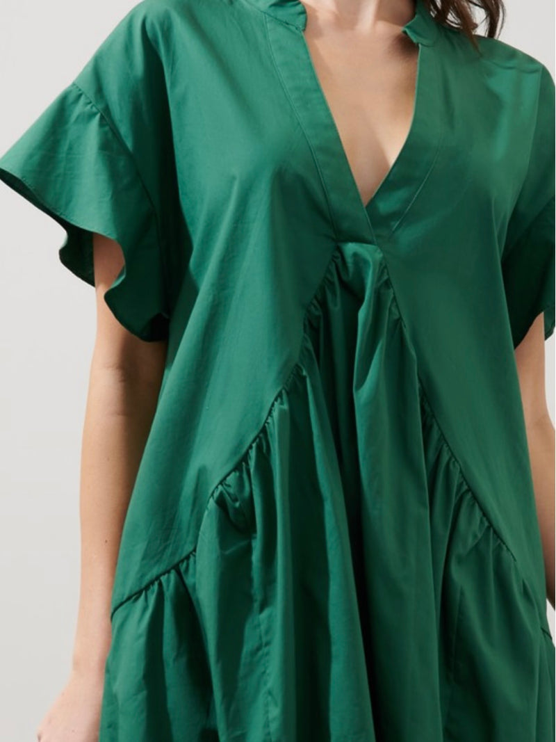 Emerald V Neck Tiered Short Dress