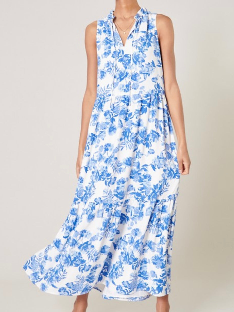 Blue Floral Ruffled Midi Dress