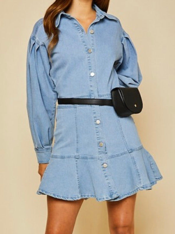 Ballon Sleeve Tiered Denim Mini Dress