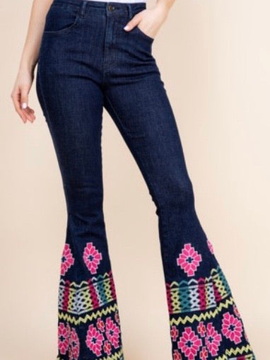 Embroidered Flared Dark Denim