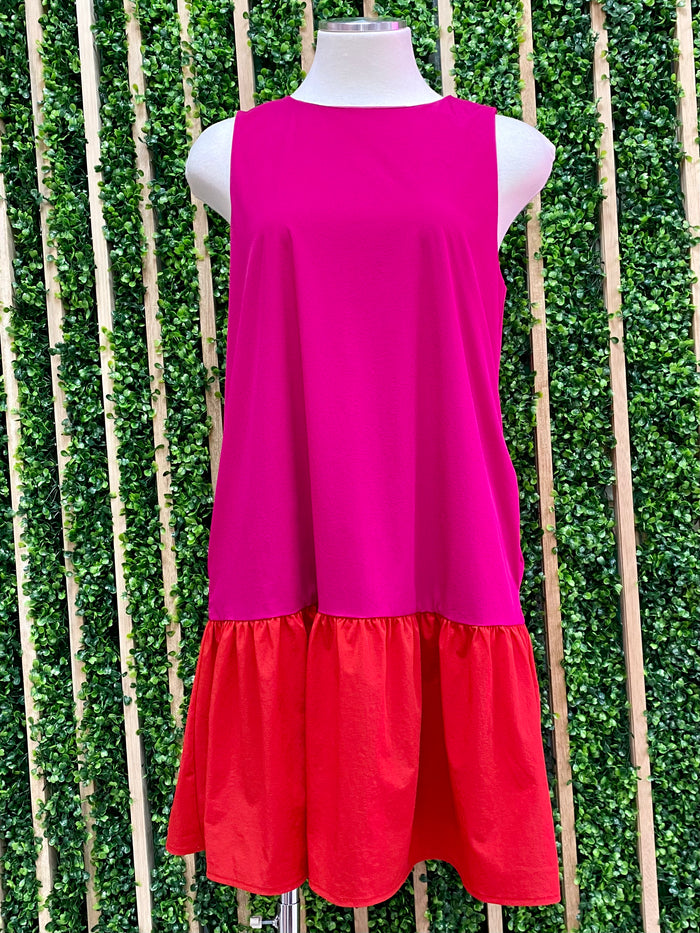 Magenta Red Color Block Drop Waist Dress