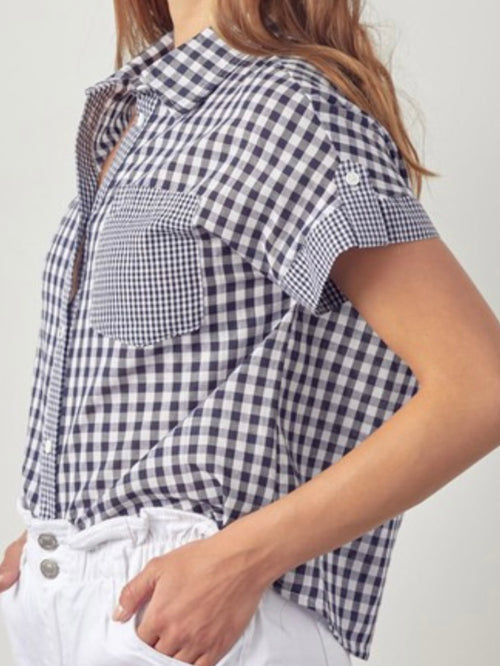 Navy Checkers Button Down Blouse