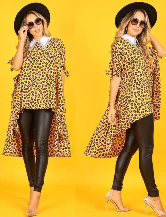 Rhinestone Neck Cheetah Hi Lo Blouse