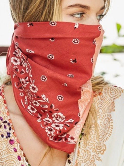 Two Tone WEstern Floral Bandana Facemask