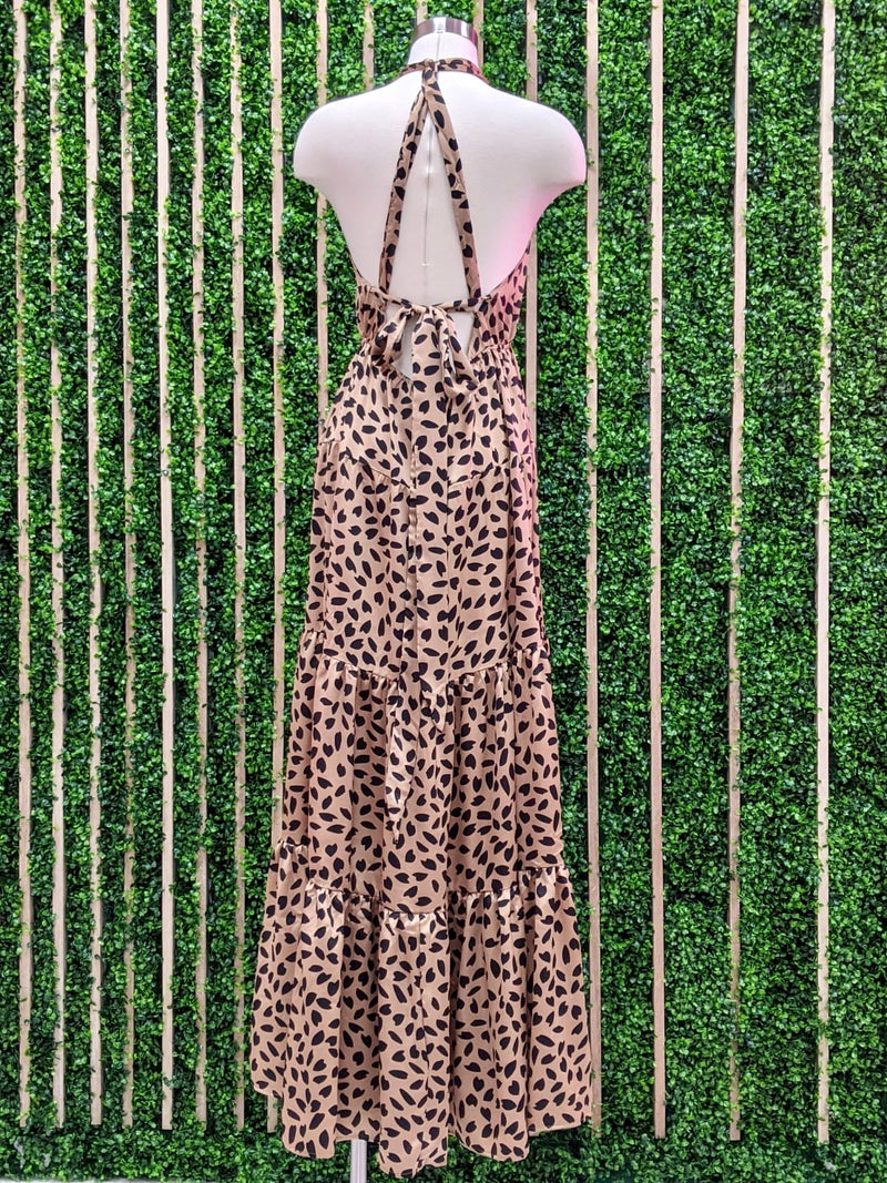 Camel / Black Halter Maxi Dress