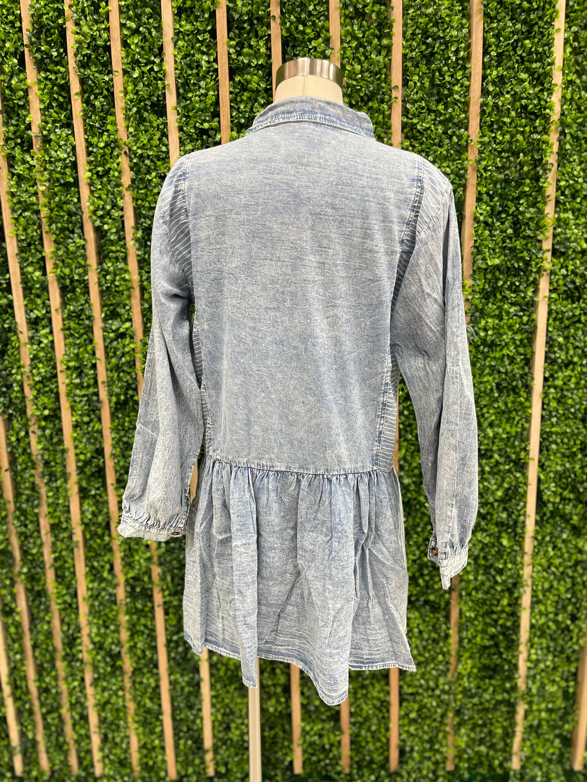 Blue Acid Wash Stripe Detail Drop Waist Dress