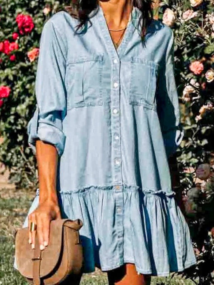 Roll Up Sleeve Tiered Denim Dress
