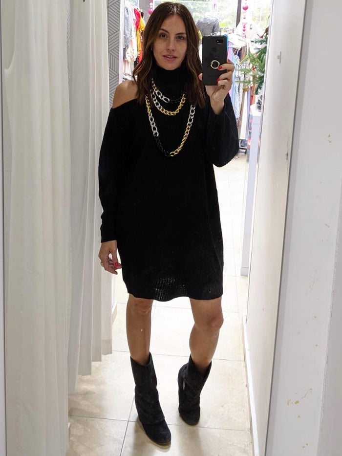 Black Sweater Cold Shoulder Dress