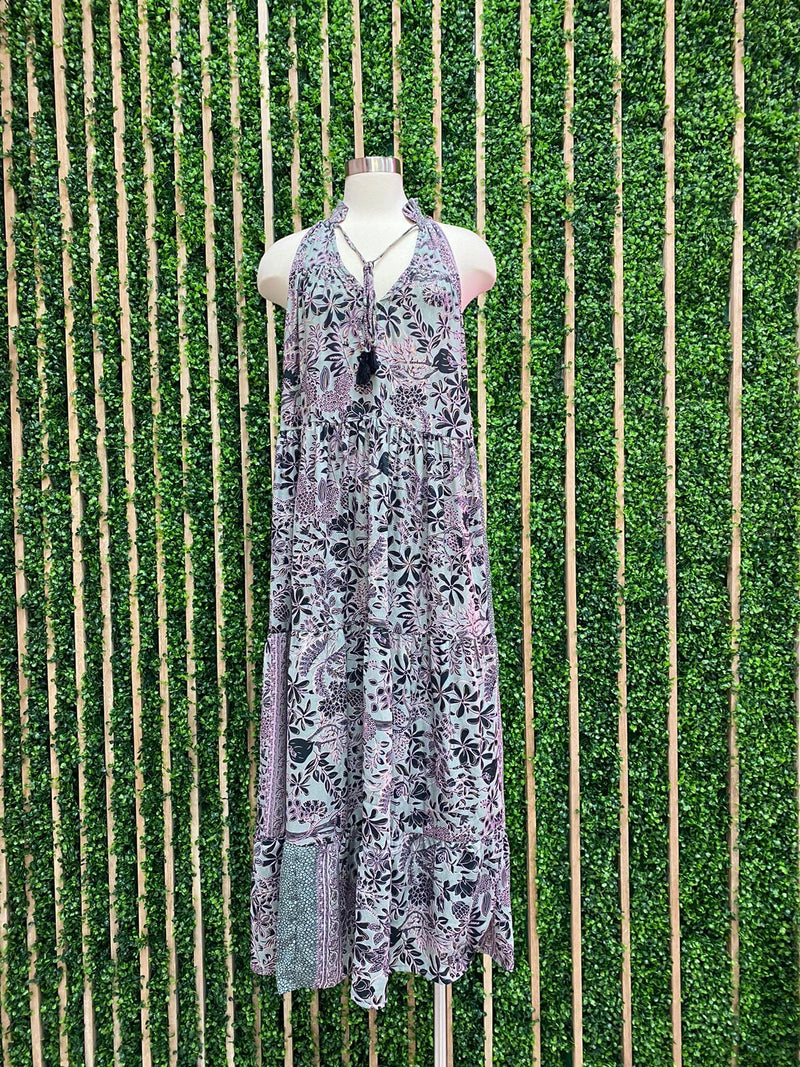 Grey Print Sleeveless Tiered Maxi