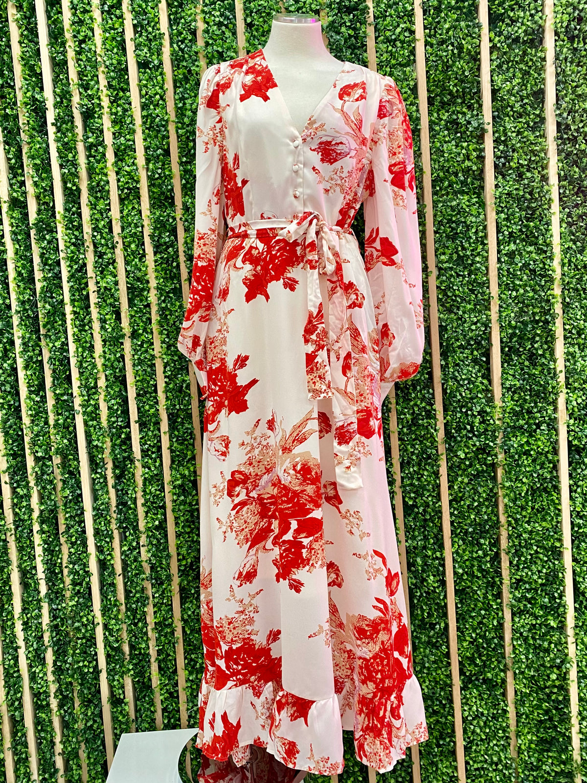 Elegant Red Floral V Neck Maxi