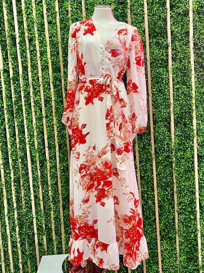 Elegant Red Floral V Neck Maxi