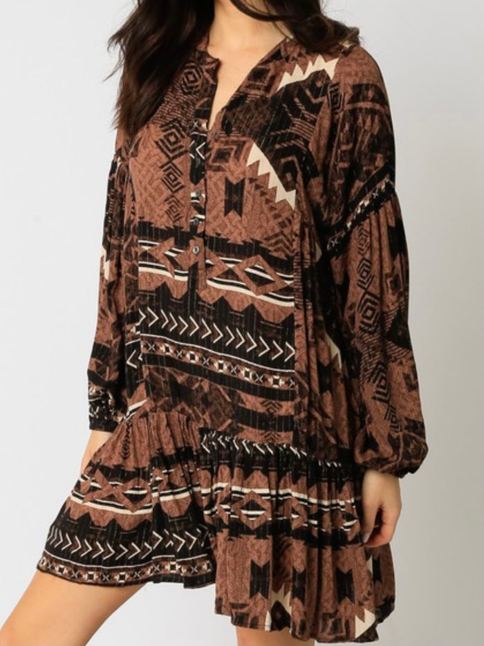 Brown Aztec Drop Waist Dress