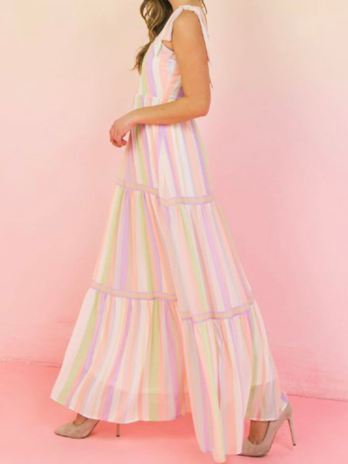 Ivory Peach Lilac Striped Maxi Dress