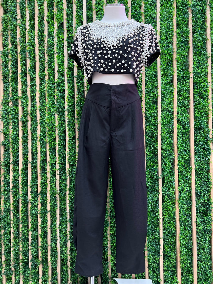 Black High Waist Textured Pants