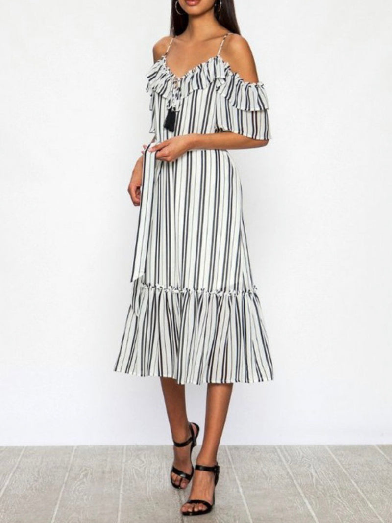 Striped Cold Shoulder Midi Dress