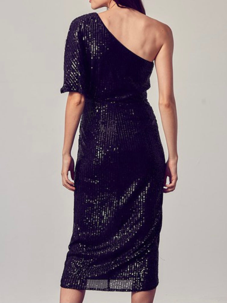 Sequin One Shoulder Midi Dress