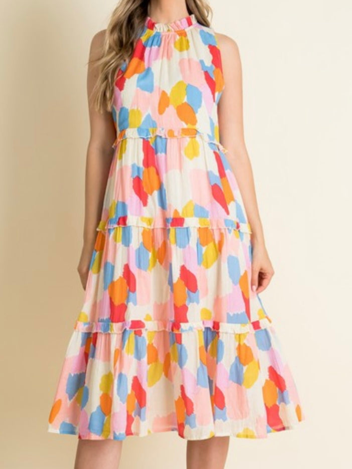 Multicolor Strokes Tiered Midi Dress