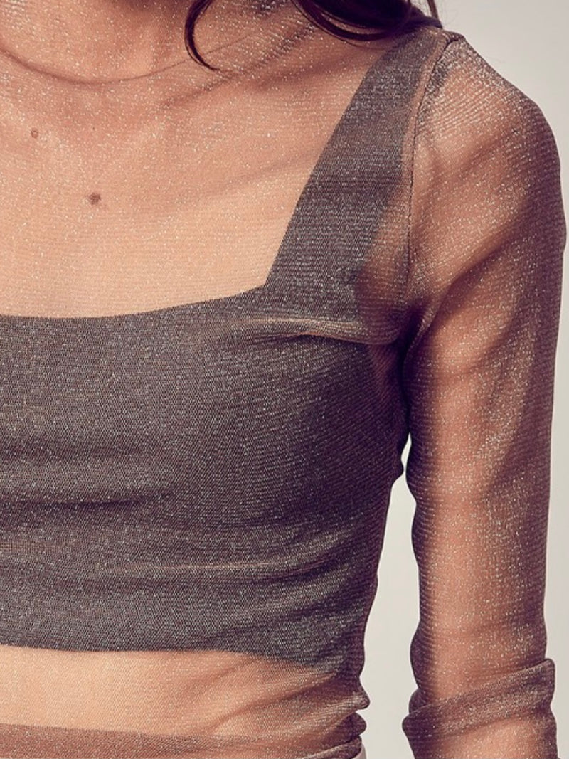 Mock Neck Glitter Mesh Top