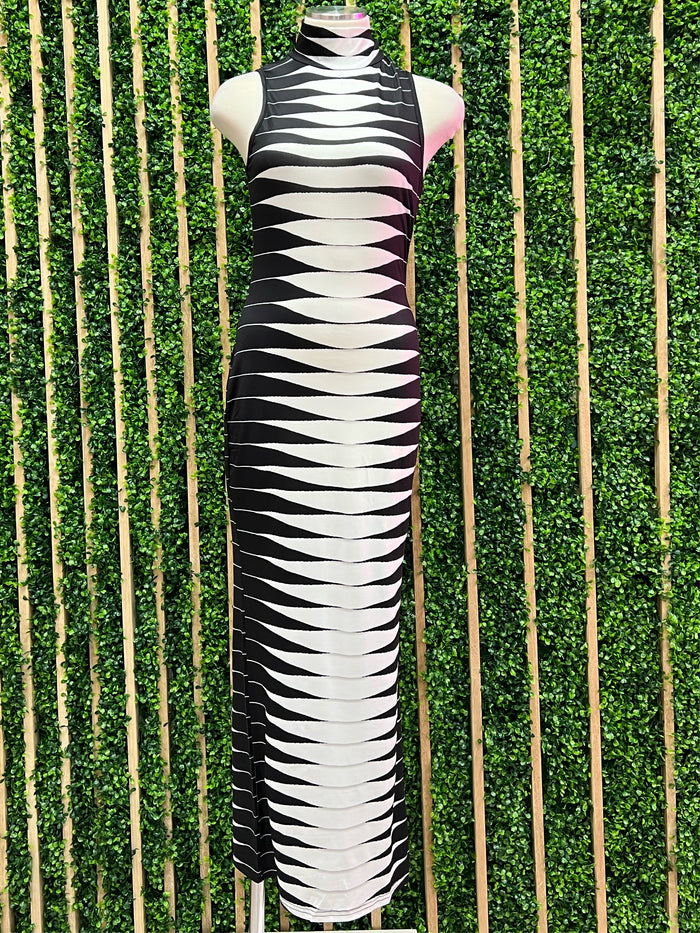 Black White Pattern Bodycon Midi Dress