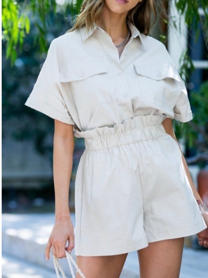 Beige Short Sleeve Button Down Blouse