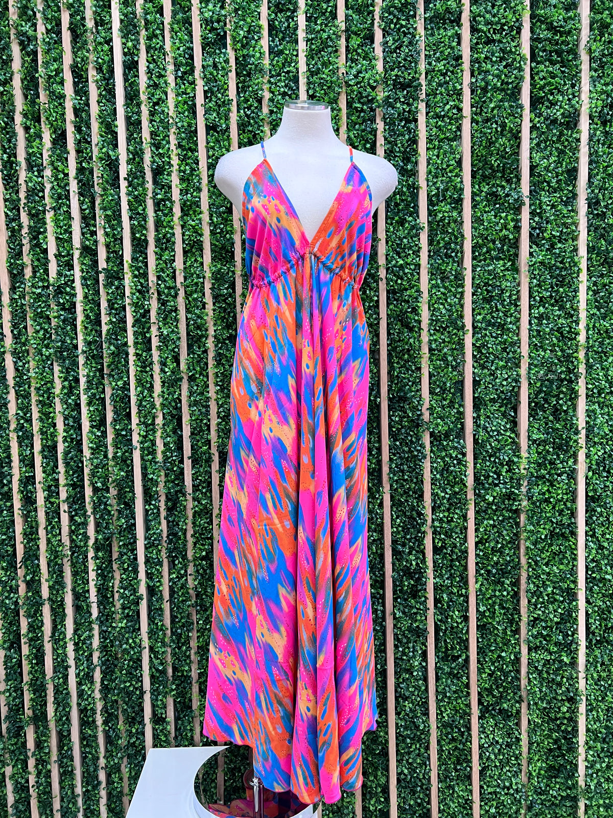 Exquisite Fuchsia Watercolor Halter Maxi Dress