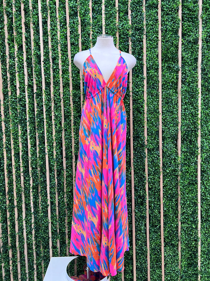 Exquisite Fuchsia Watercolor Halter Maxi Dress