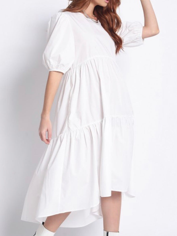 Balloon Sleeve Tiered Midi Dress