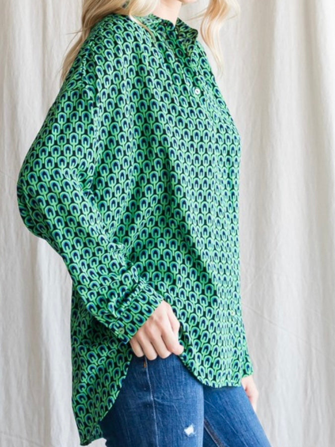 Geo Green Print Button Down Blouse