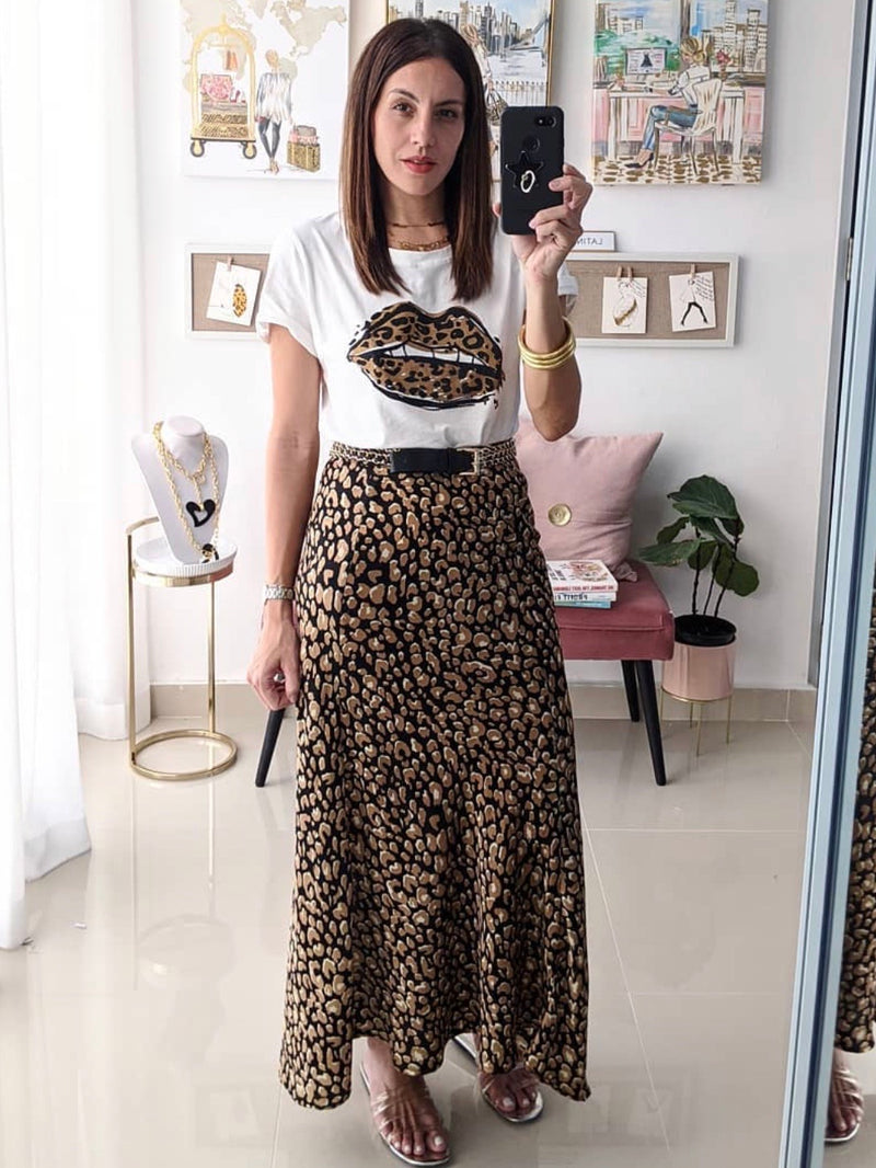 Leopard Biased Midi Skirt