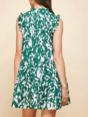 Green Watercolor Print Tiered Short Dress
