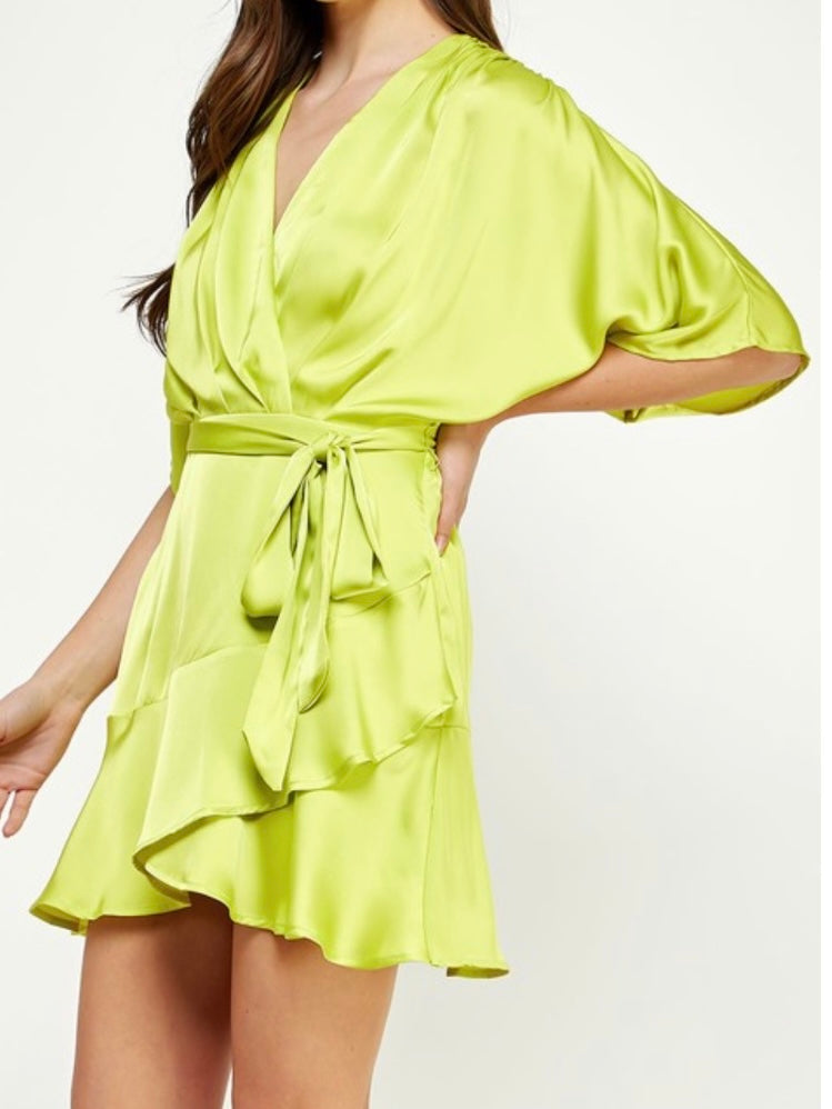 Flared Sleeve Wrap Short Dress