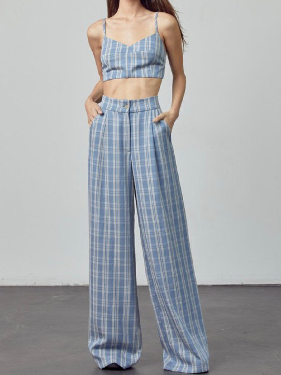 Blue Plaid High Waist Pants