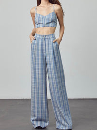 Blue Plaid High Waist Pants