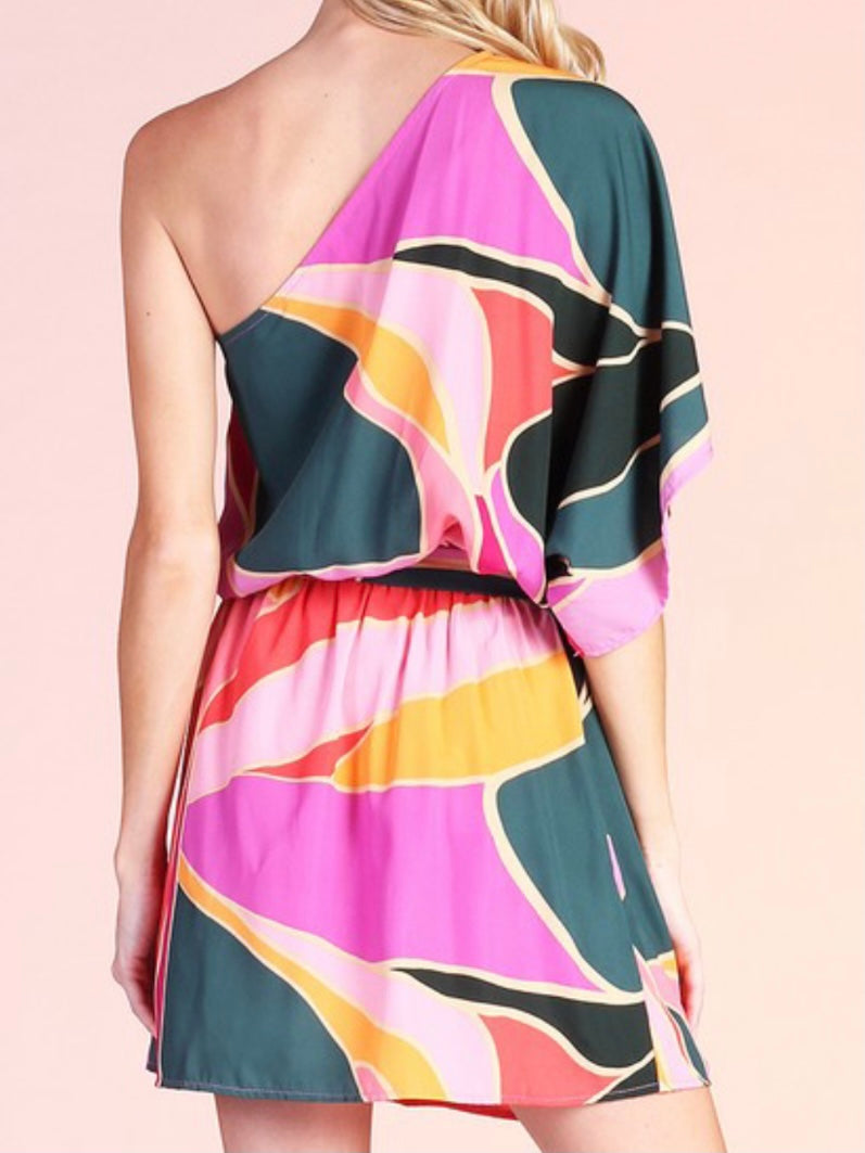 Metamorphosis Print One Shoulder Short Dress