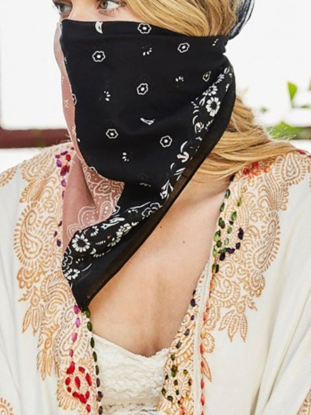 Two Tone WEstern Floral Bandana Facemask