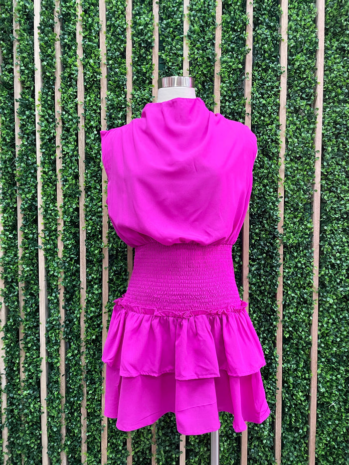 Magenta Cowl Neck Smocked Dress