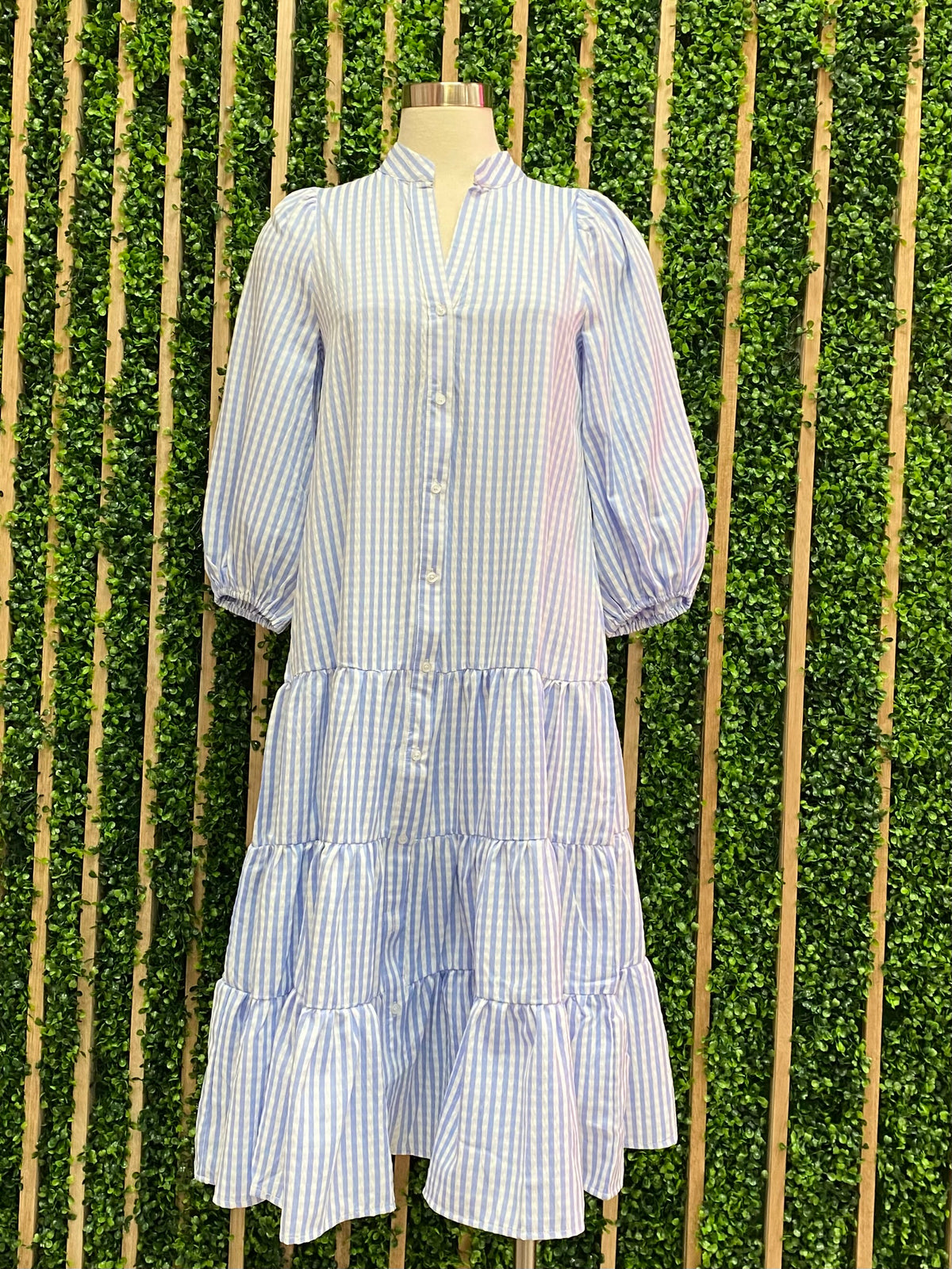 Blue Gingham Button Down  Tiered Midi Dress