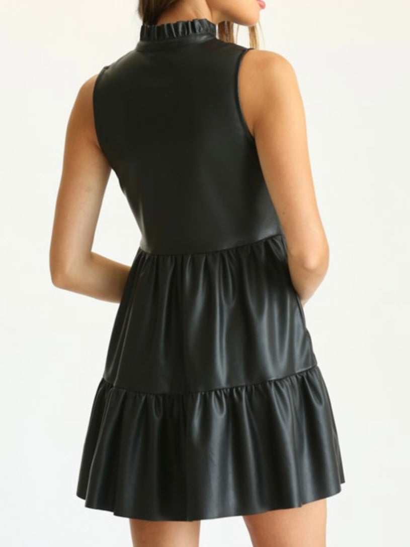 Black Sleeveless Tiered Pleather Dress