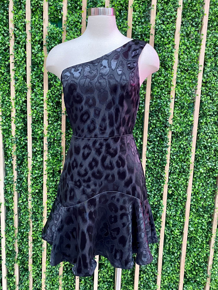 Black Leopard One Shoulder Dress