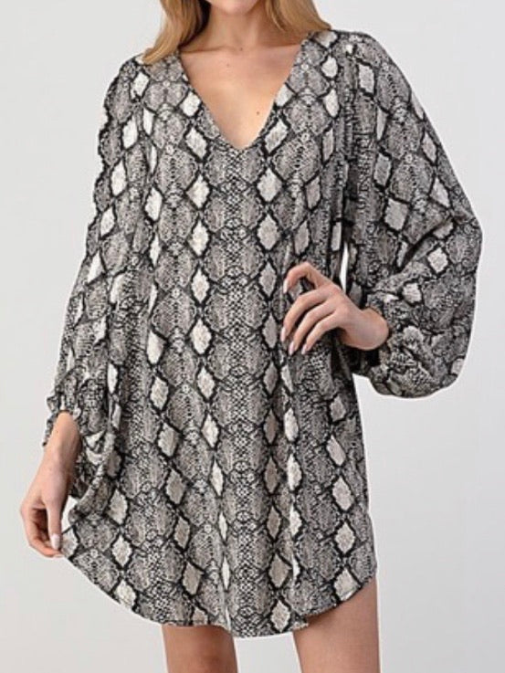 Snakeprint Balloon Sleeve Tunic Dress